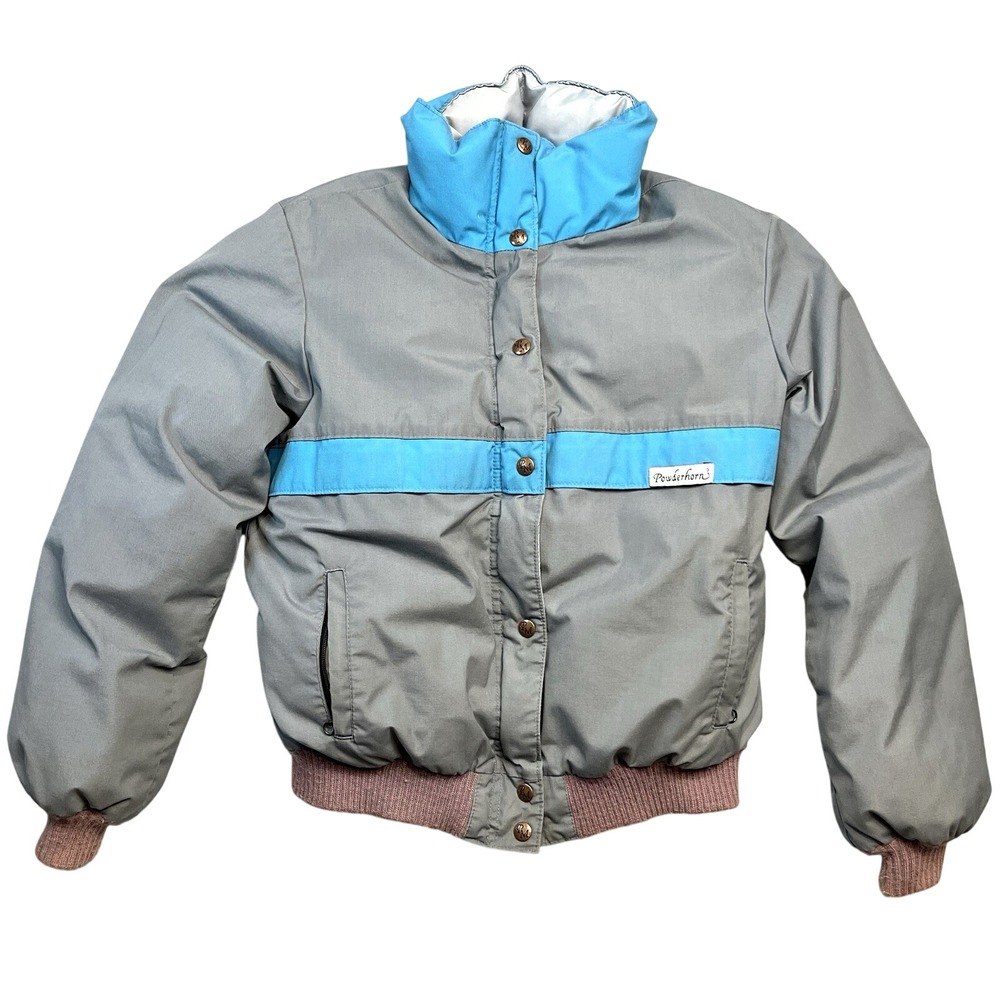 VTG Powderhorn Ski Closing Day Mountaineering Down Puff Jacket Sz 14 L Blue Gray